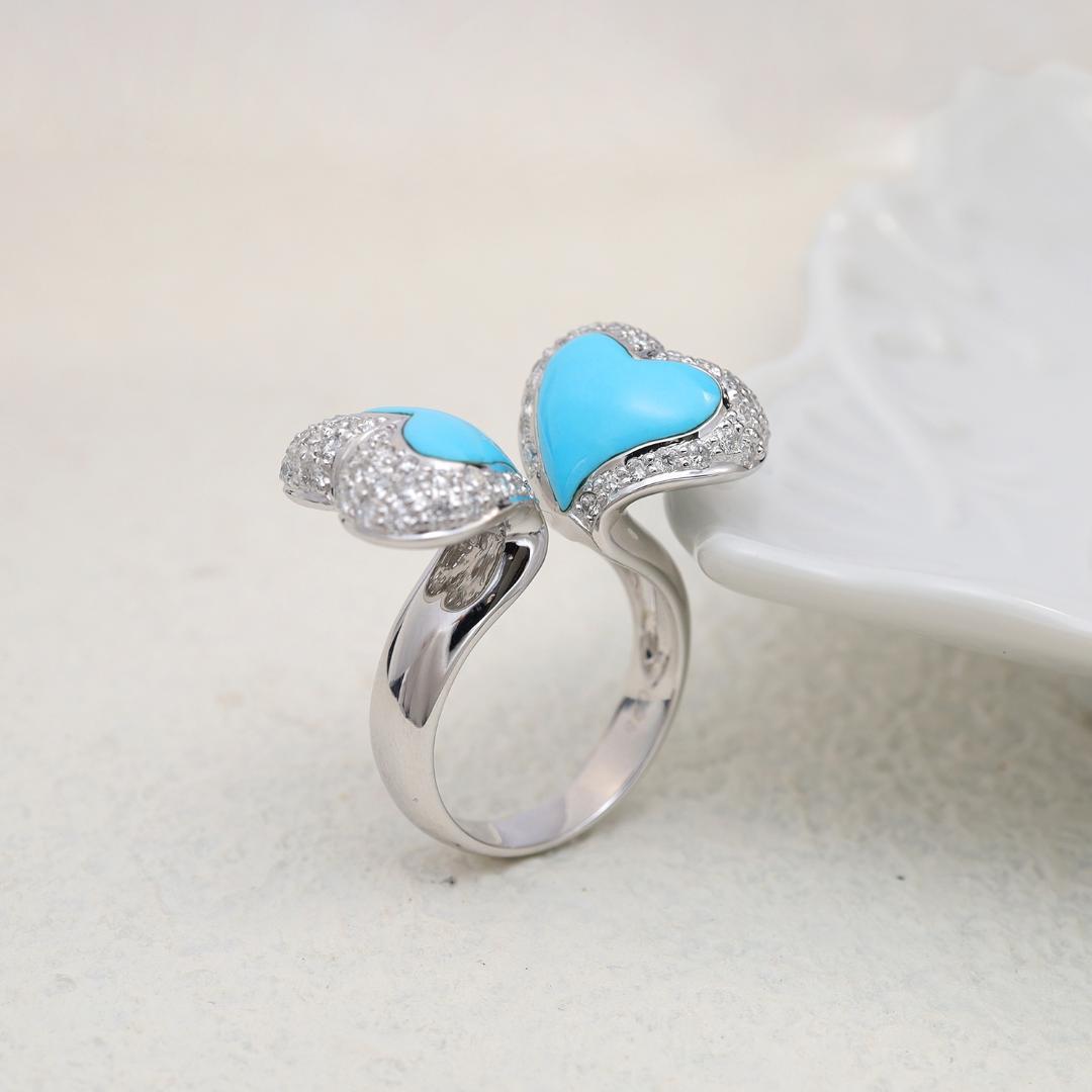 大粒ハート２つではさんだモダンリング K18WG サイズ12号