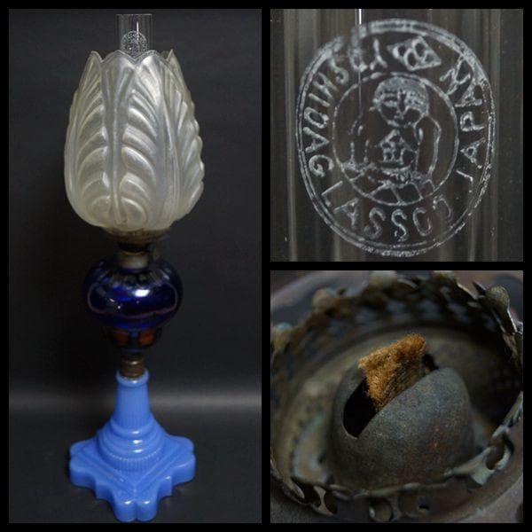 明治期 ガラス製大型オイルランプ花蕾型ランプ/切子油壷/ 水色練台座