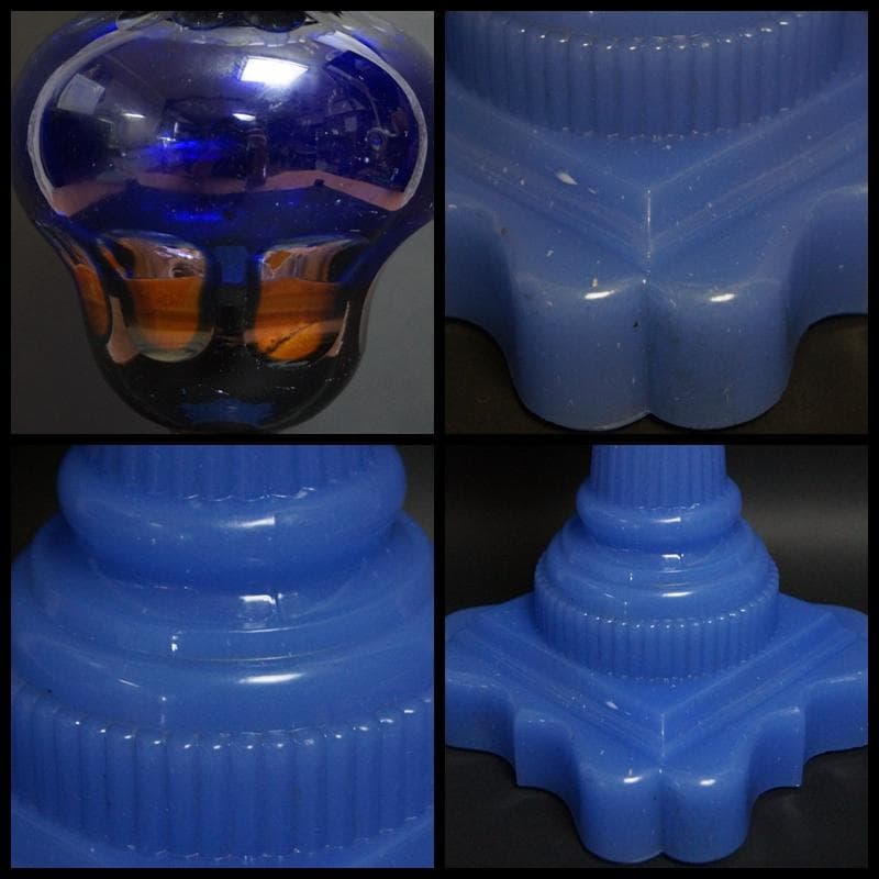 明治期 ガラス製大型オイルランプ花蕾型ランプ/切子油壷/ 水色練台座