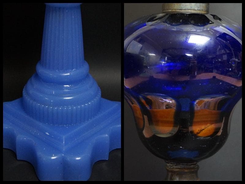 明治期 ガラス製大型オイルランプ花蕾型ランプ/切子油壷/ 水色練台座