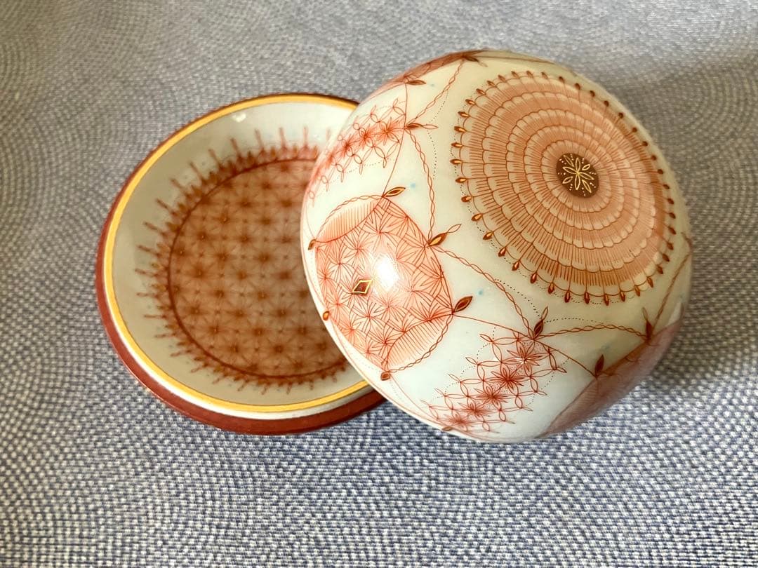 見附正康作 香合 赤絵細描小紋