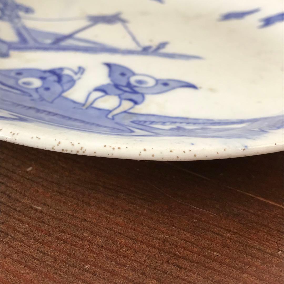 ＊図変わり印判　すずめ踊り　皿　銅版染付　銅摺り印判　明治　大正　古道具＊