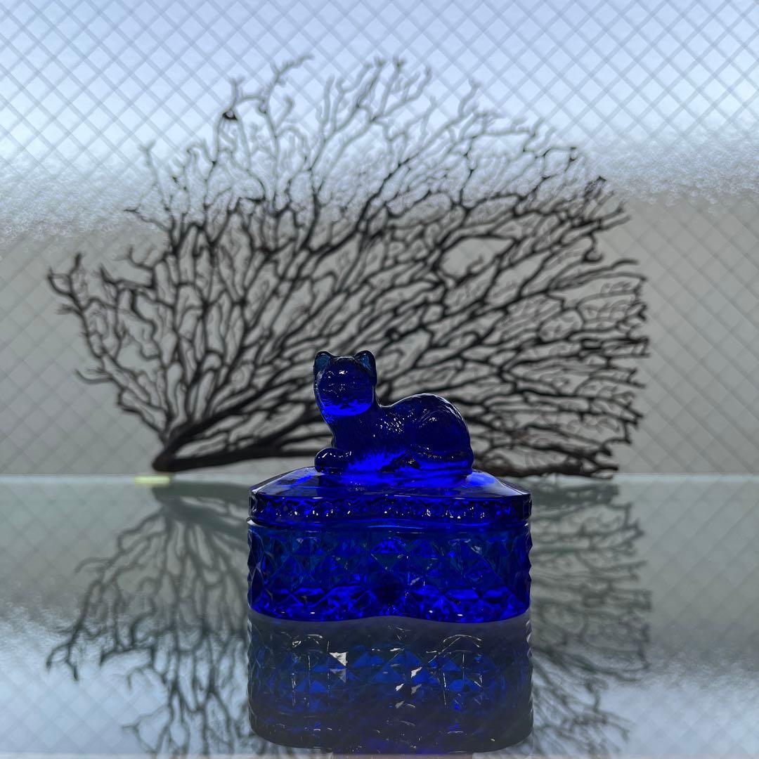骨董 レトロガラス 希少コバルトブルー 瑠璃色ガラス 子猫 ボンボン