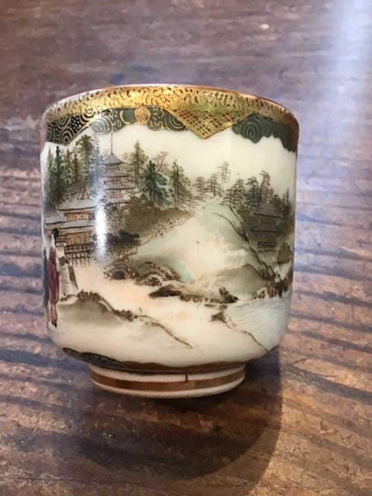 細密画富士山風俗画湯呑 明治期 九谷焼