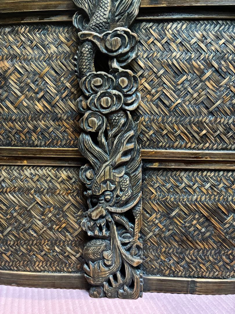 茶道具 煎茶道具入れ 籠 提藍 骨董品 彫刻 木製 網代編み 2段式