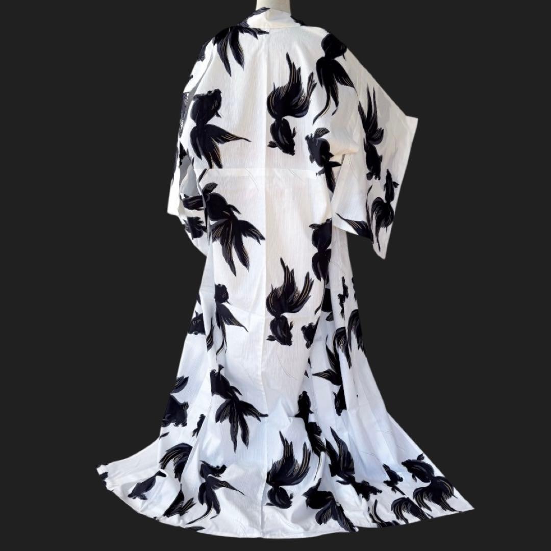 新品浴衣 綿 【白地に黒金魚】可愛い出目金★岡重風★呉服屋さんサンプル品♪