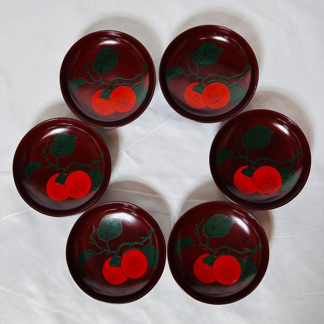 柿の柄がとても美しい【明治時代】の輪島塗 小皿 6客