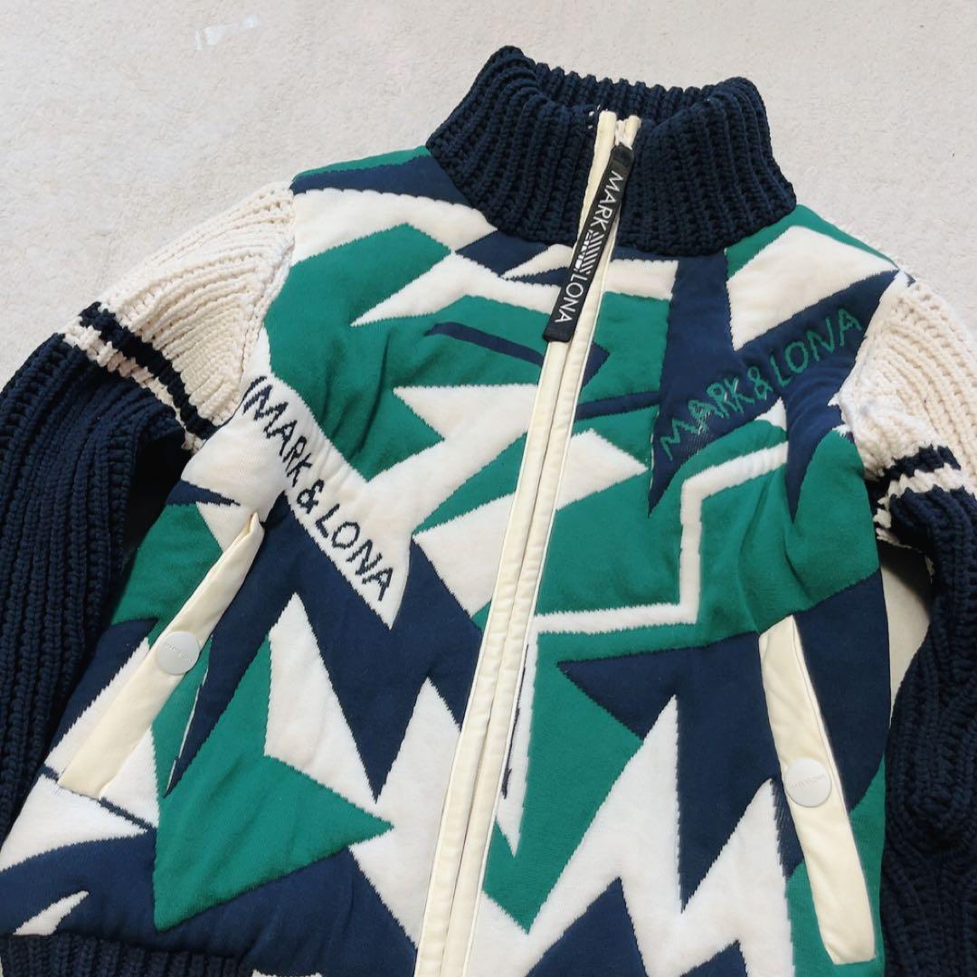 極美品　マークアンドロナ　ニットジャケット　裏地付　柄　ブルゾン　ネイビー