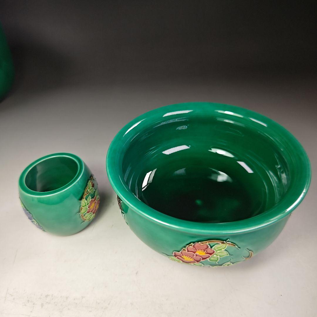 イ987 皆具『中村翠嵐窯』『青交趾 花丸 皆具 共箱』