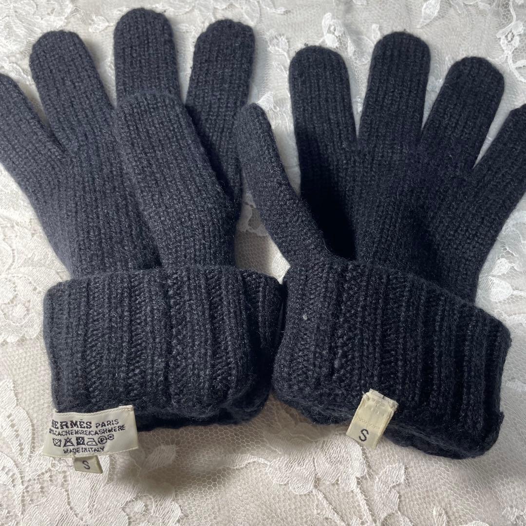 エルメス カシミヤ手袋 ダークブルー 5本指 暖かい