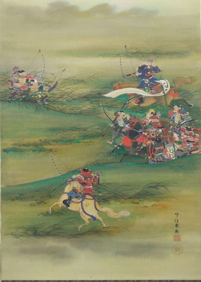 守住周魚「義家之図」武者 絹本 掛軸 共箱（守住貫魚の六女） - メルカリ