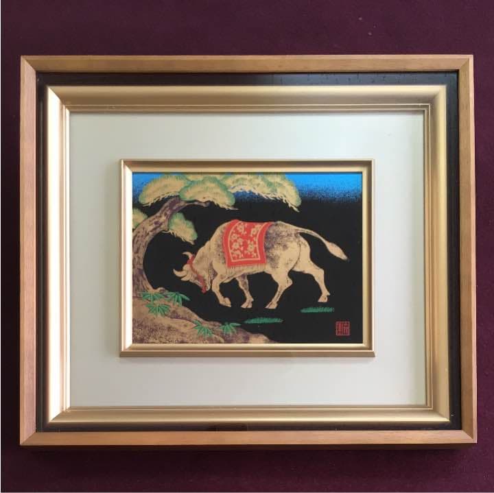 お部屋のインテリアに輪島塗蒔絵の額 吉田斎洲 干支 丑 共シール