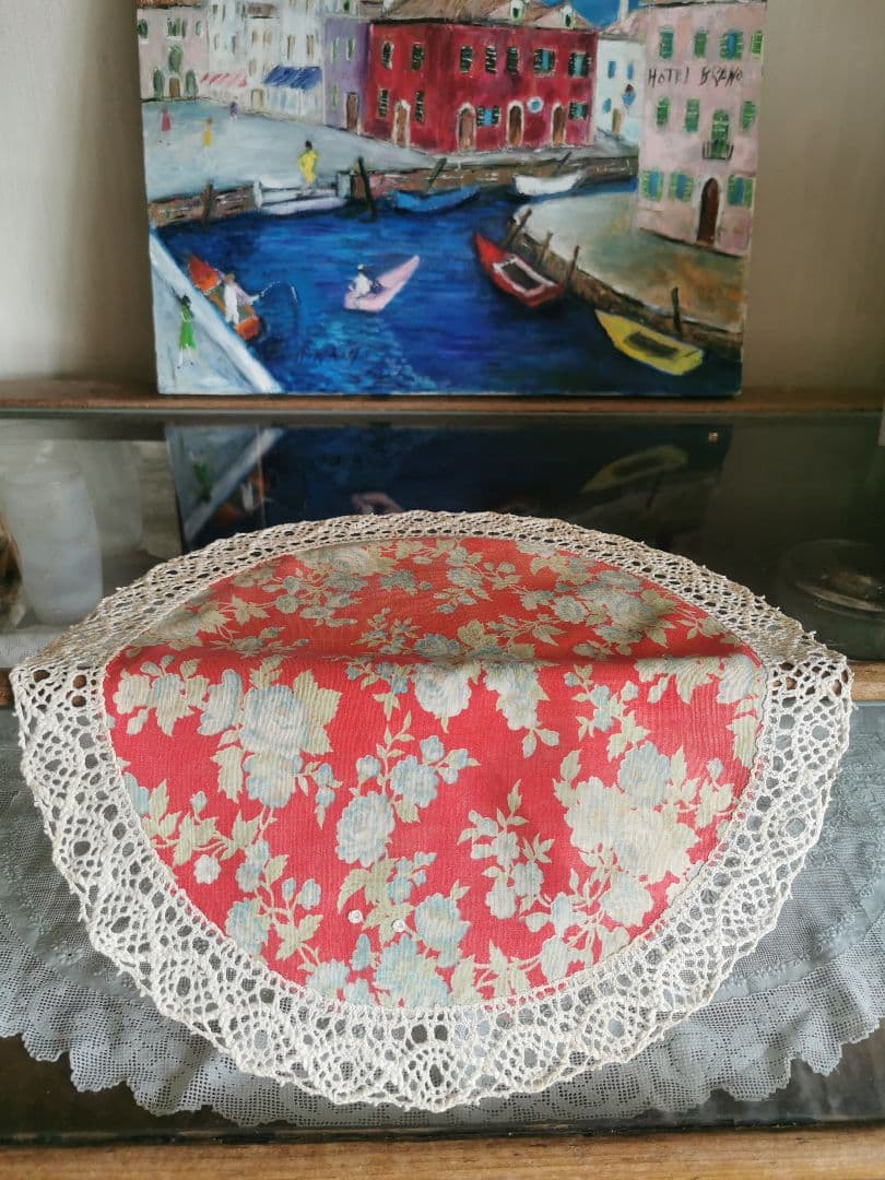 アンティーク フレンチ花柄ファブリック＆クロシェボビン編みレース