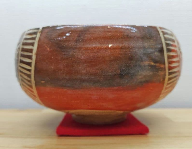 送料込【逢絢亭】茶道具 茶碗 楽焼 赤楽 俵形茶碗 表千家書付