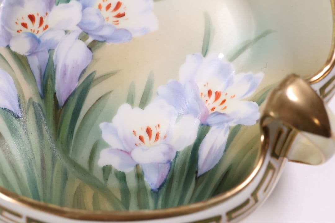 【CM307】オールドノリタケ 草花 三耳 皿 鉢 幅18.3cm 金彩 水仙