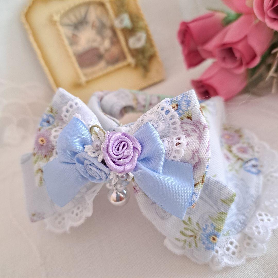 ローズ柄(ブルー)わんちゃん猫ちゃん用襟付首輪 ブルーフラワー柄(⑤)わん