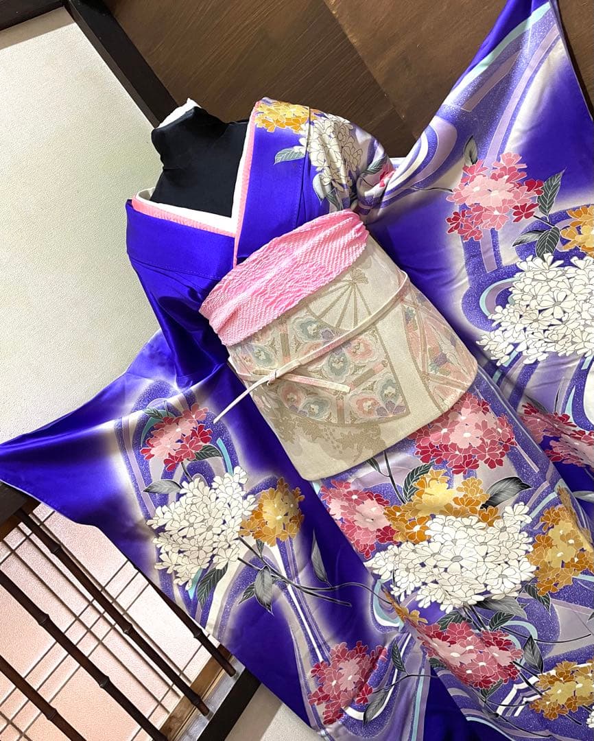 振袖フルセット6点サイズM〜L相良刺繍 振袖 流水花文 暈