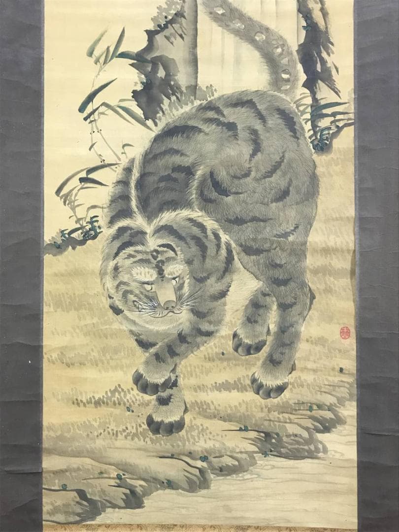 【真作】木界/古画猛虎図/虎図/トラ図/掛軸☆宝船☆AD-565