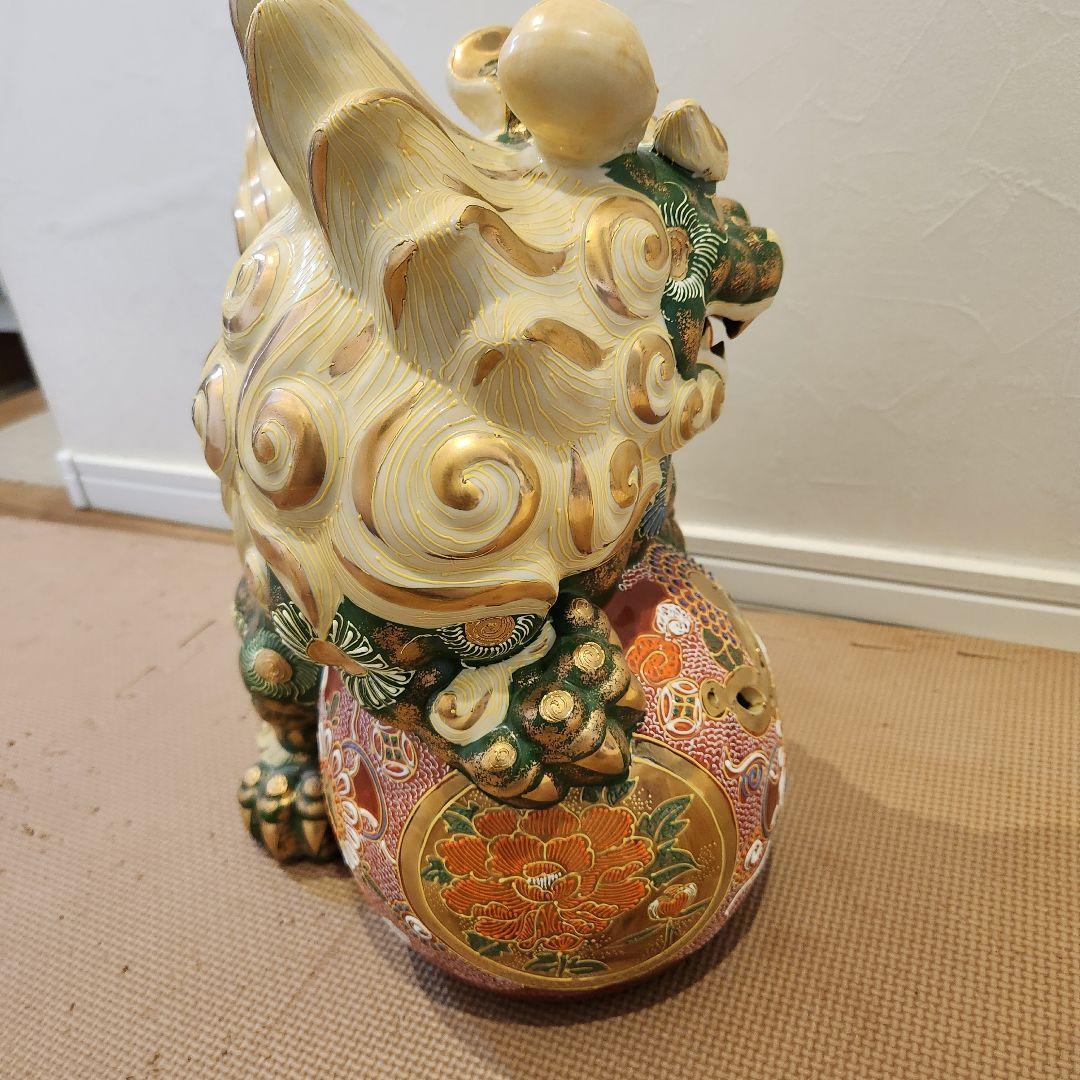 美品】九谷焼 九谷須栄義 狛犬 シーサー/獅子 グリーン金彩 魔除け 玉