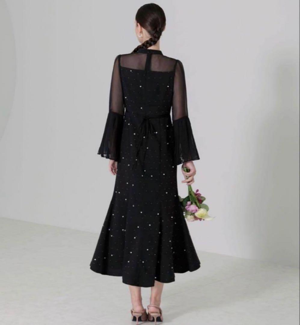 パールビジュー付透け感プリーツフレアスリーブビーズマーメイドシルエットワンピース