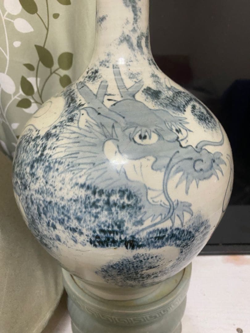 江戸時代 青白磁 ドラゴン模様 花瓶 骨董品