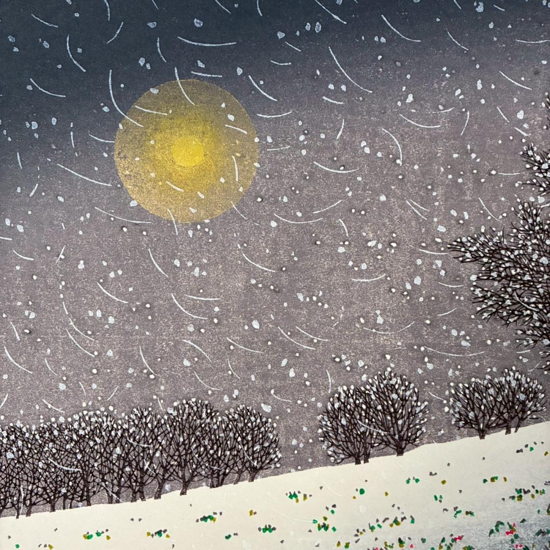 美品 牧野宗則「雪月夜」木版画 1993年制作 直筆サイン入り 額縁入り