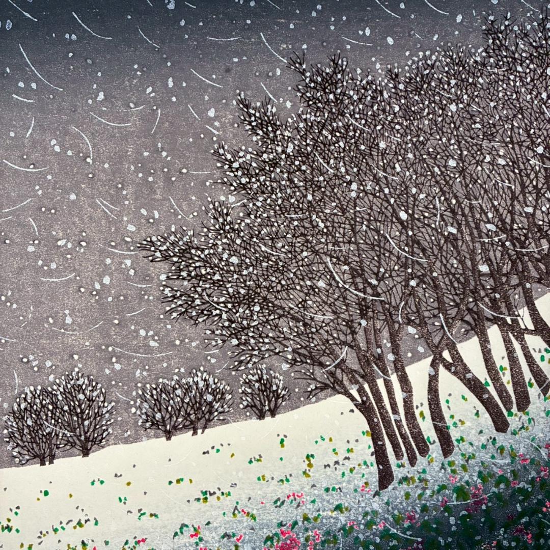 美品 牧野宗則「雪月夜」木版画 1993年制作 直筆サイン入り 額縁入り