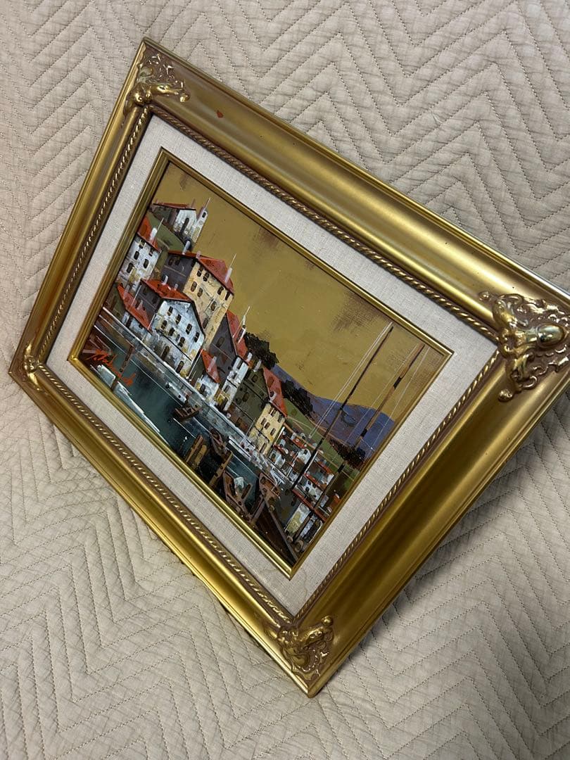 油絵　竹内敏彦　「スペインの港」　F4