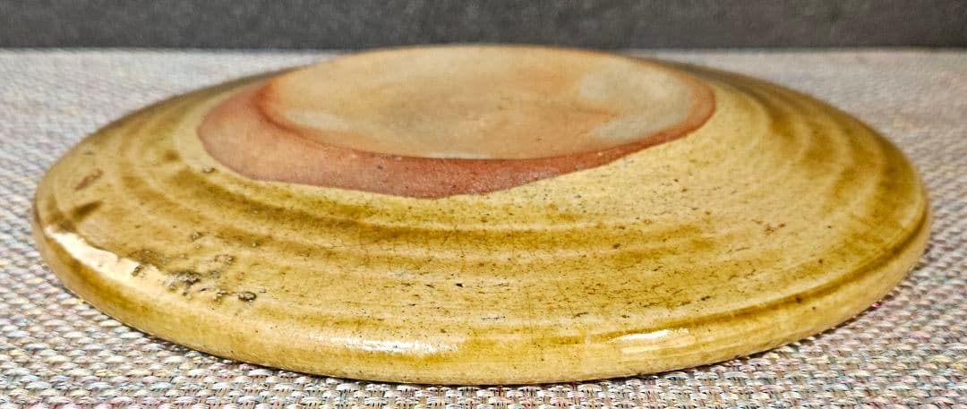 江戸時代後期～明治時代初期　黄瀬戸　織部　彫り絵付　すすきの図　行灯皿　灯り皿