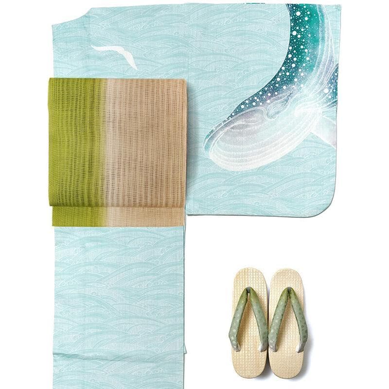 最終品★ミントグリーン地にクジラと波柄★めずらしい絵羽浴衣★夏きもの大人の浴衣