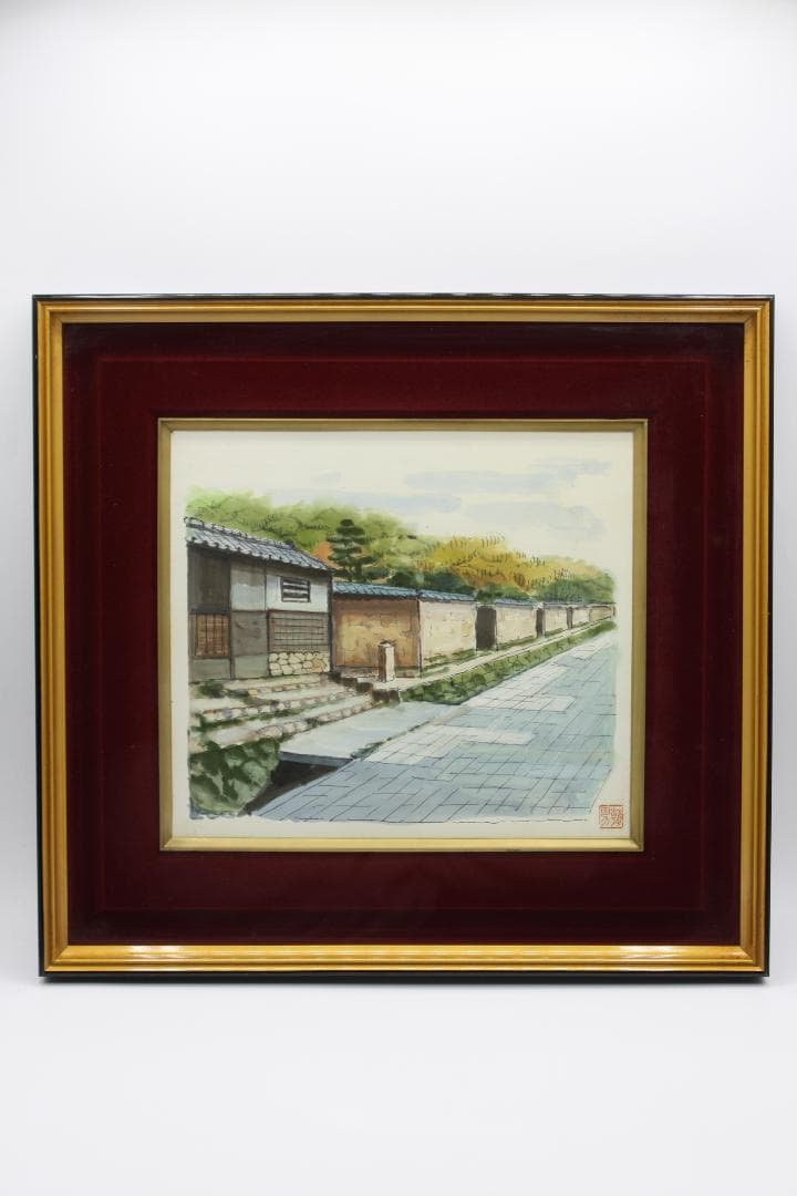 額縁付き日本田舎風景画 水彩画