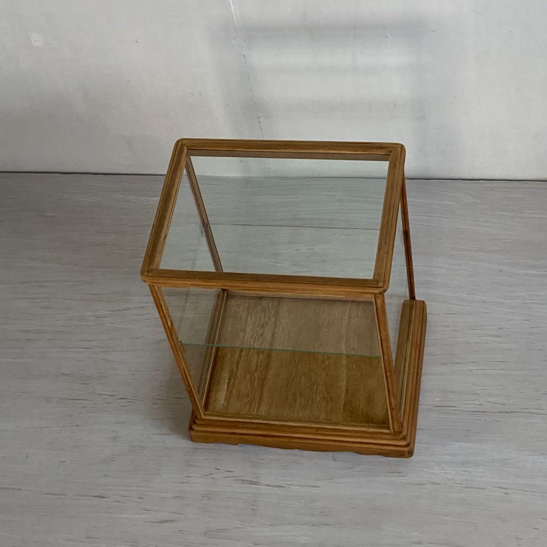 古い木製ガラスケース 2段 卓上ショーケース 扉なし オープンガラス棚