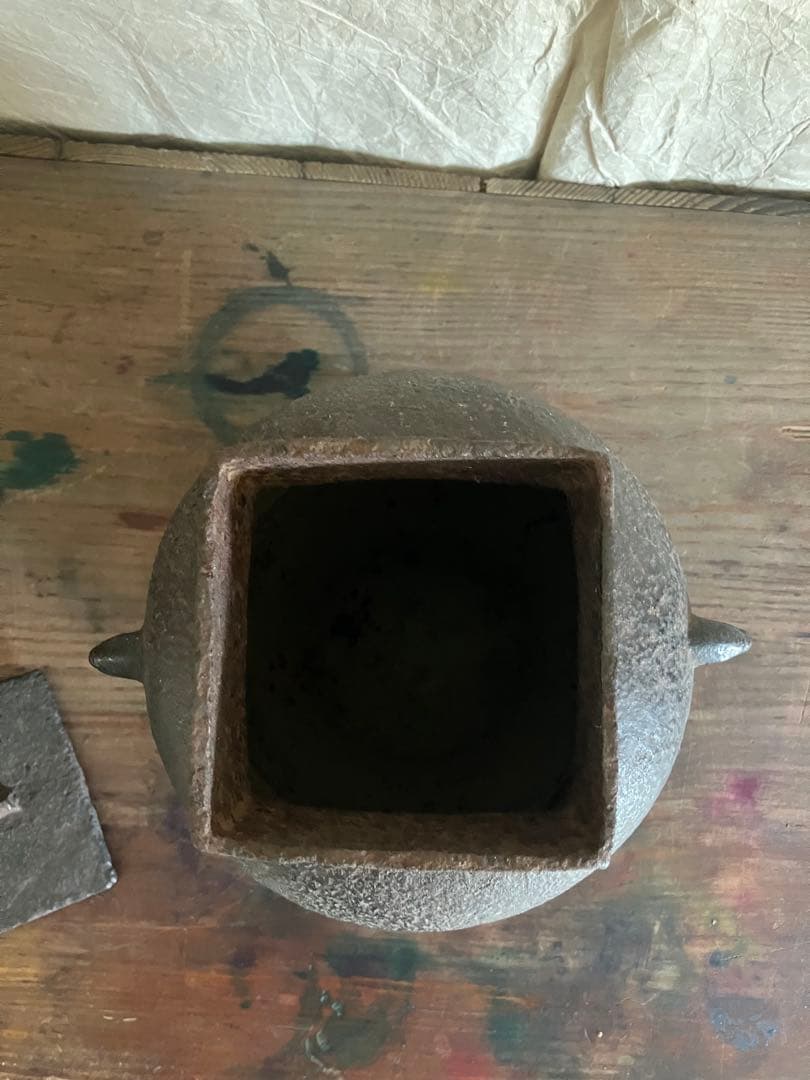 茶釜湯釜四方口茶釜四方口釜茶道具南部鉄器蓋付き箱付き