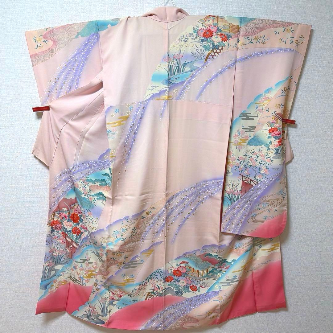 12 振袖フルセット 正絹 薄桃 ピンク 水色 金彩 暈し染め 華やか 小柄