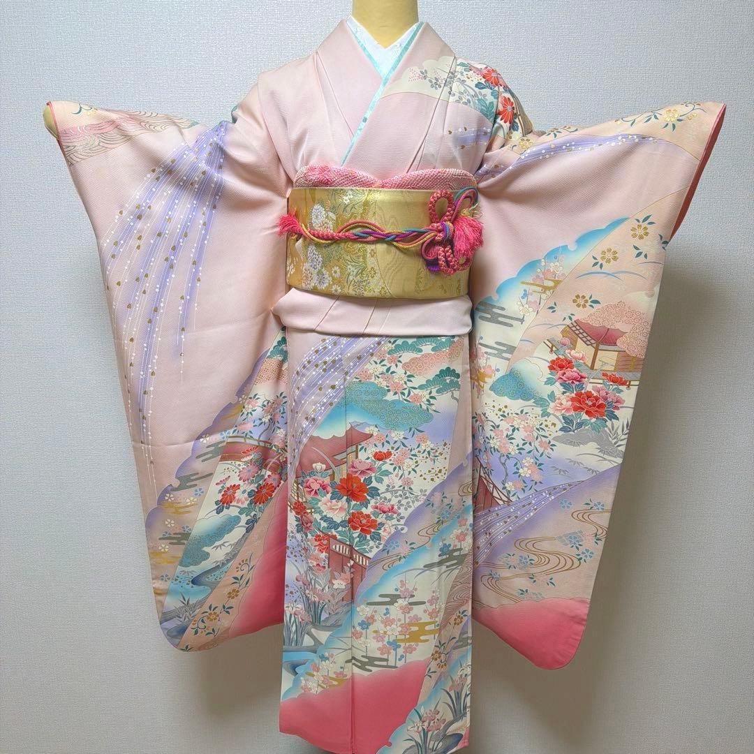 12 振袖フルセット 正絹 薄桃 ピンク 水色 金彩 暈し染め 華やか 小柄