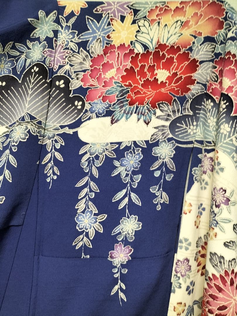 加賀友禅振袖 正絹 藍色 美品 縁起良い柄 成人式 長襦袢つき