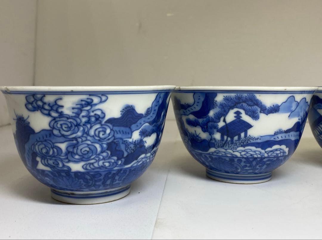 中国古玩大明嘉靖年製青花汲出碗5客径約10.5㎝東Y7-0404③トヒチサ