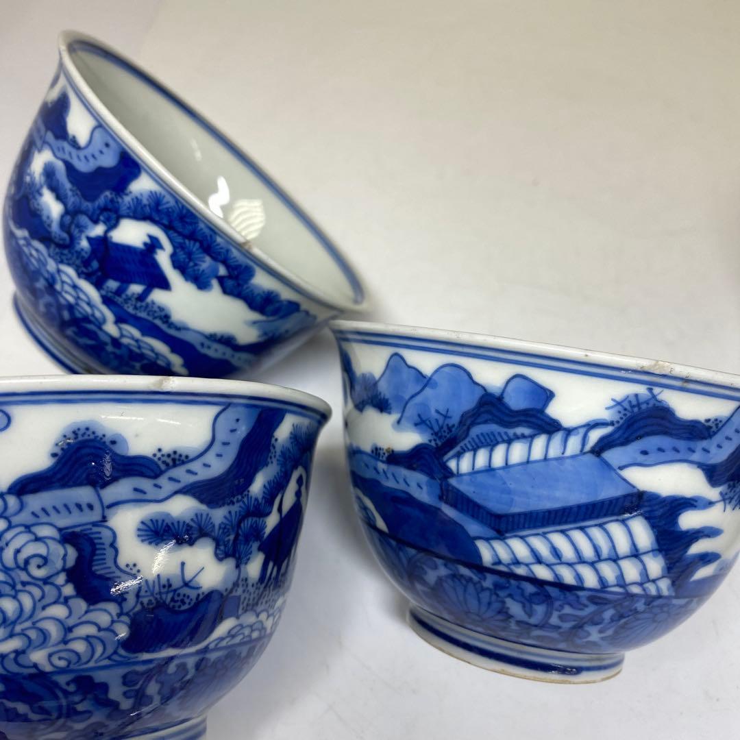 中国古玩大明嘉靖年製青花汲出碗5客径約10.5㎝東Y7-0404③トヒチサ