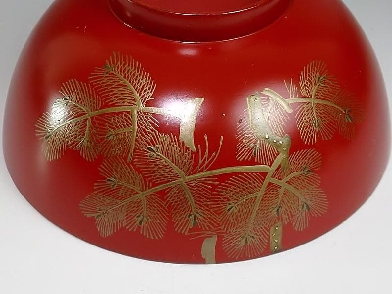 金蒔絵　若松の図　朱塗吸物椀　木製品　５客　A-FFm