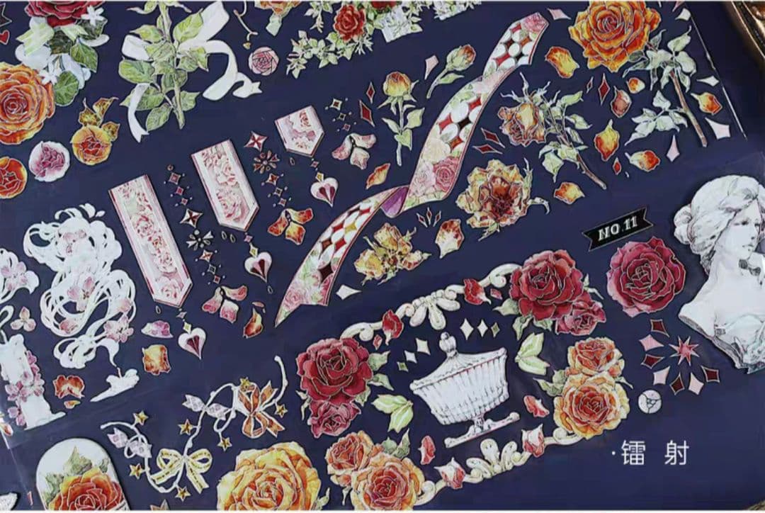 巻売 494☆ 海外 マスキングテープ マステ PET 装飾 花 銀ホロ