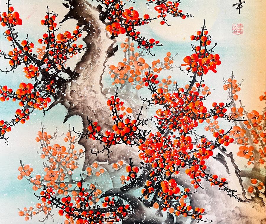 中国美術 報春図 梅に満月 戌寅年 落款有 掛軸 長さ188cm