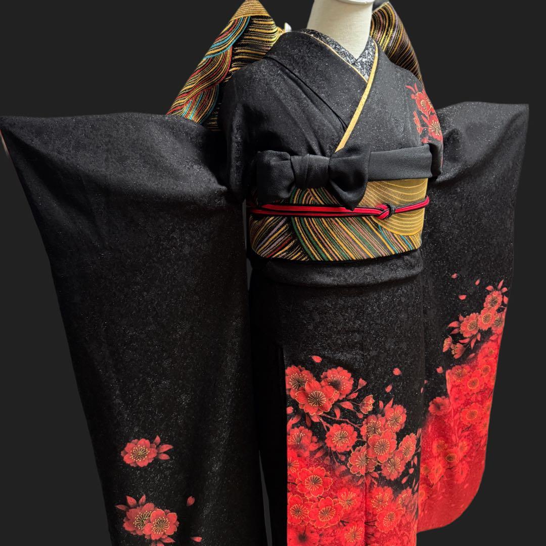 豪華 振袖6点フルセット 鈴乃屋 銀通し ブラック 151〜161cm 振袖一式