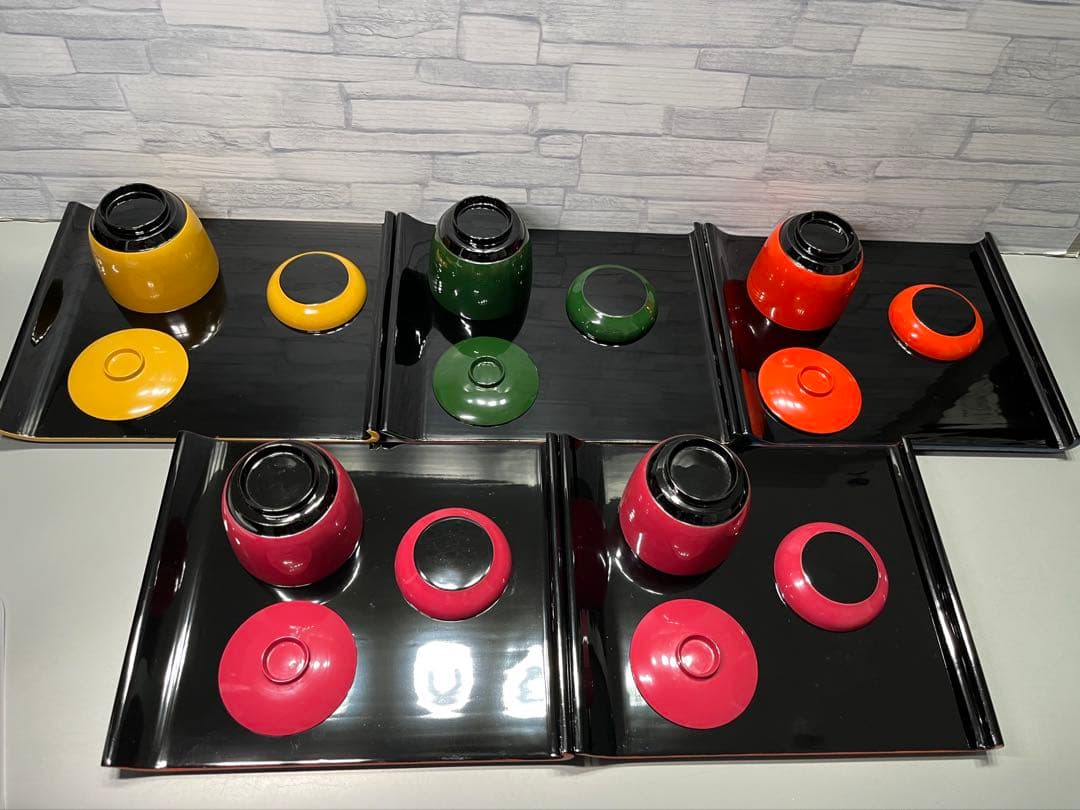 輪島塗　おしるこ椀　吸物椀　小皿　盆　八寸　5客セット　薄手　ポップな色味