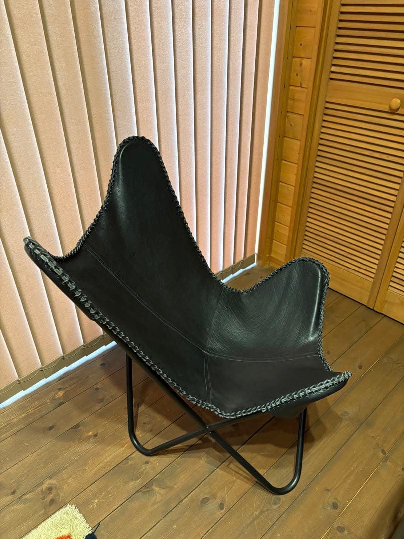 美品 ビカーサ購入 黒レザー バタフライチェア 手縫い 本革 本革
