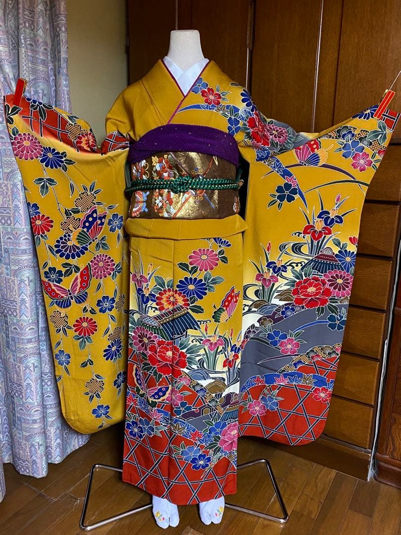 10572.振袖7点セット 正絹 成人式 袋帯 長襦袢 帯揚 帯締 伊達衿 半襟