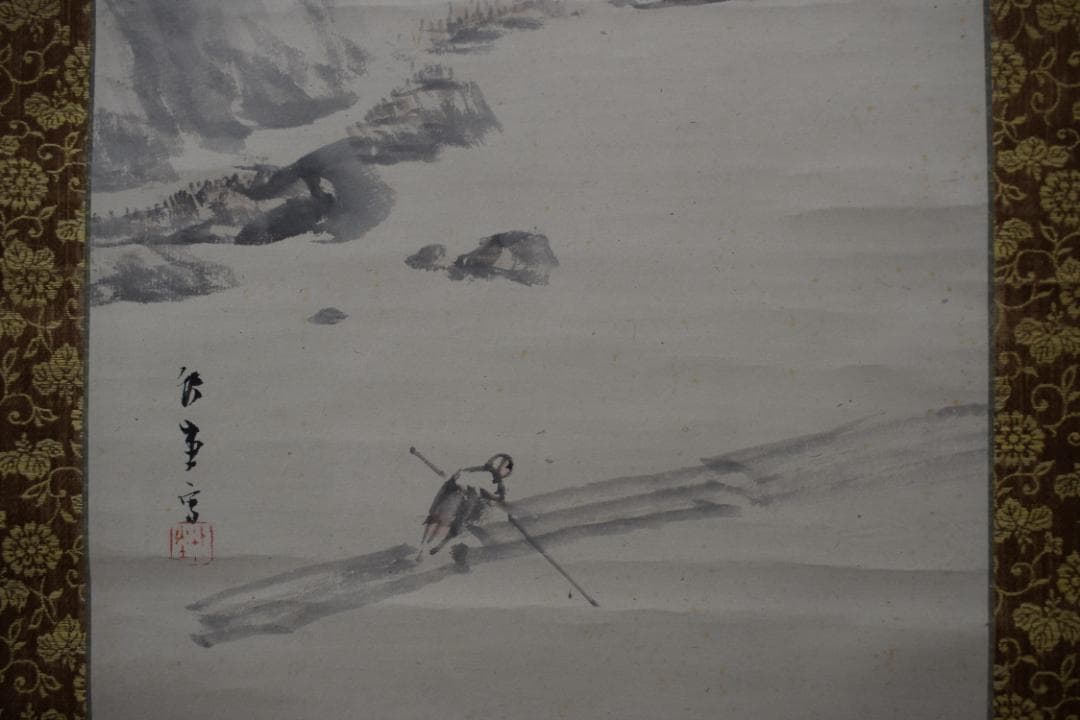 真作】岸竹堂/春景嵐山図/桜花山水図/掛軸☆宝船☆Y-920 JM コレクション