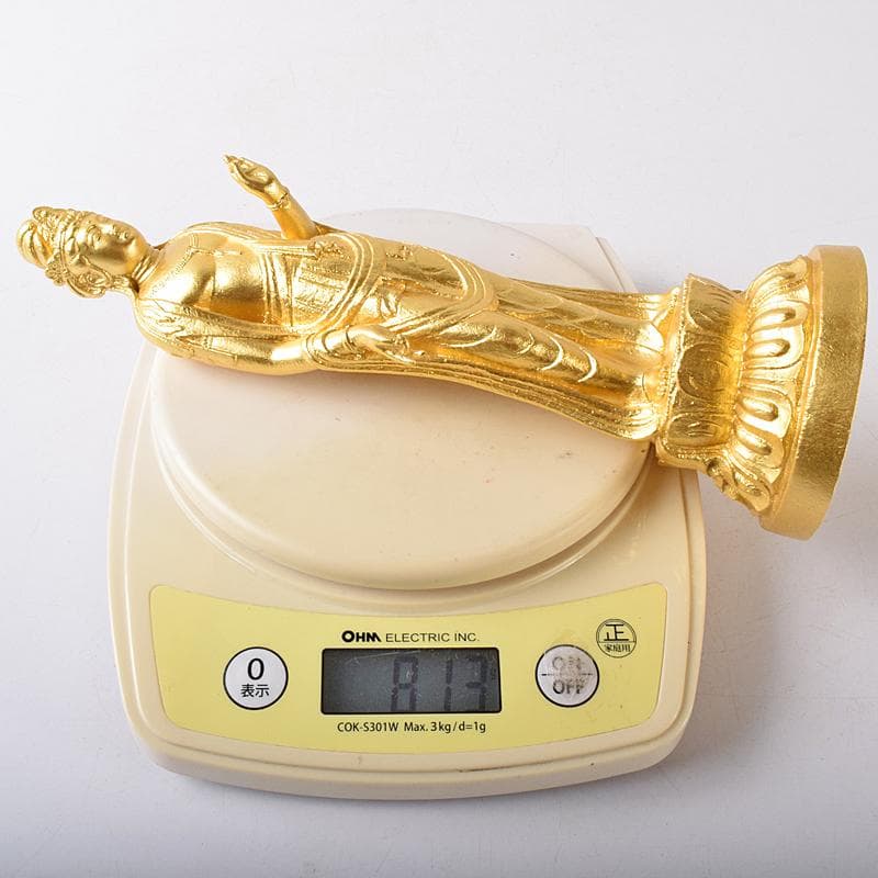 彫刻家　北村西望作　銅塗金　聖観音菩薩像　台付　北村治禧識箱　D　R8174