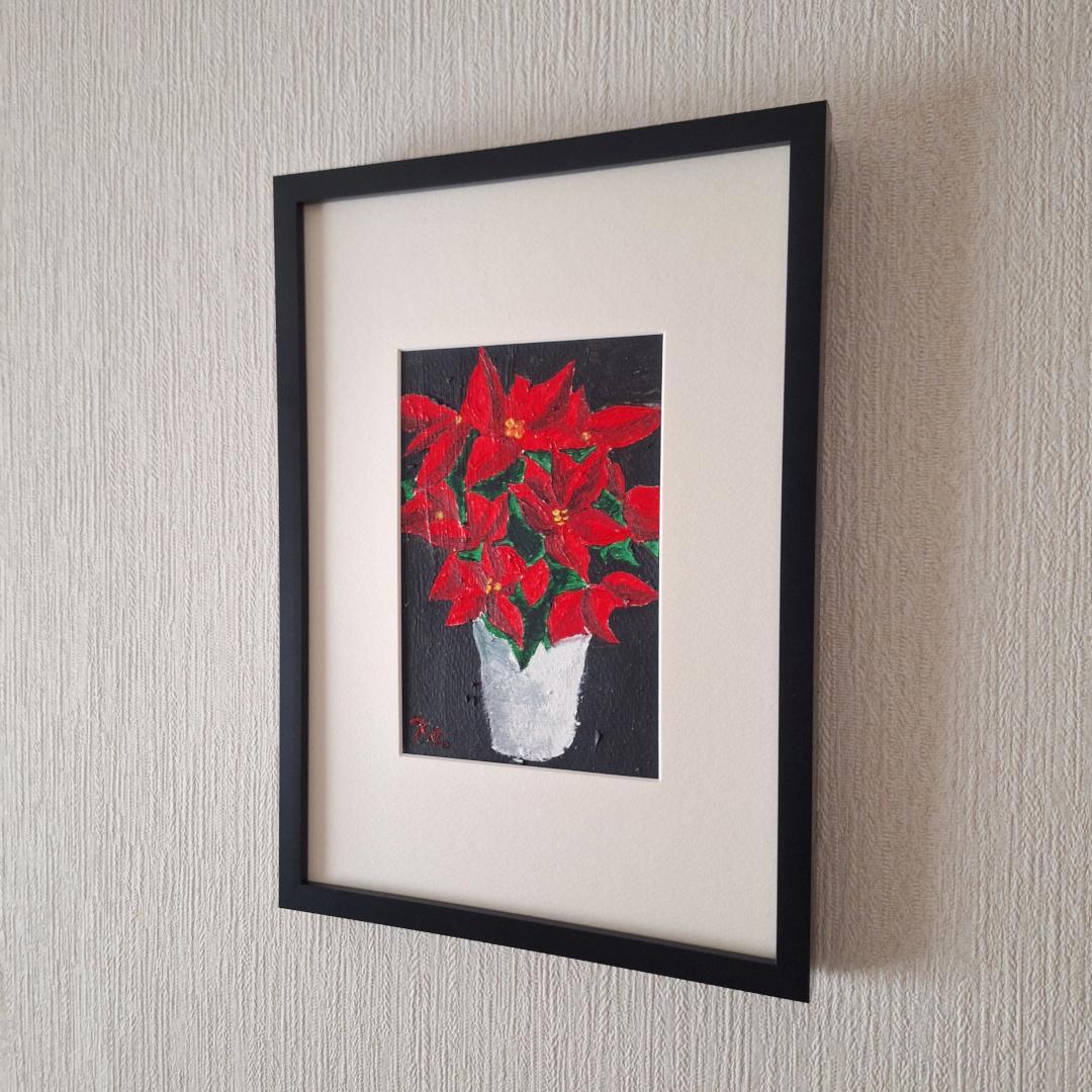 ポインセチア 花 赤 鉢植え クリスマスフラワー 季語 油絵 【mc0567