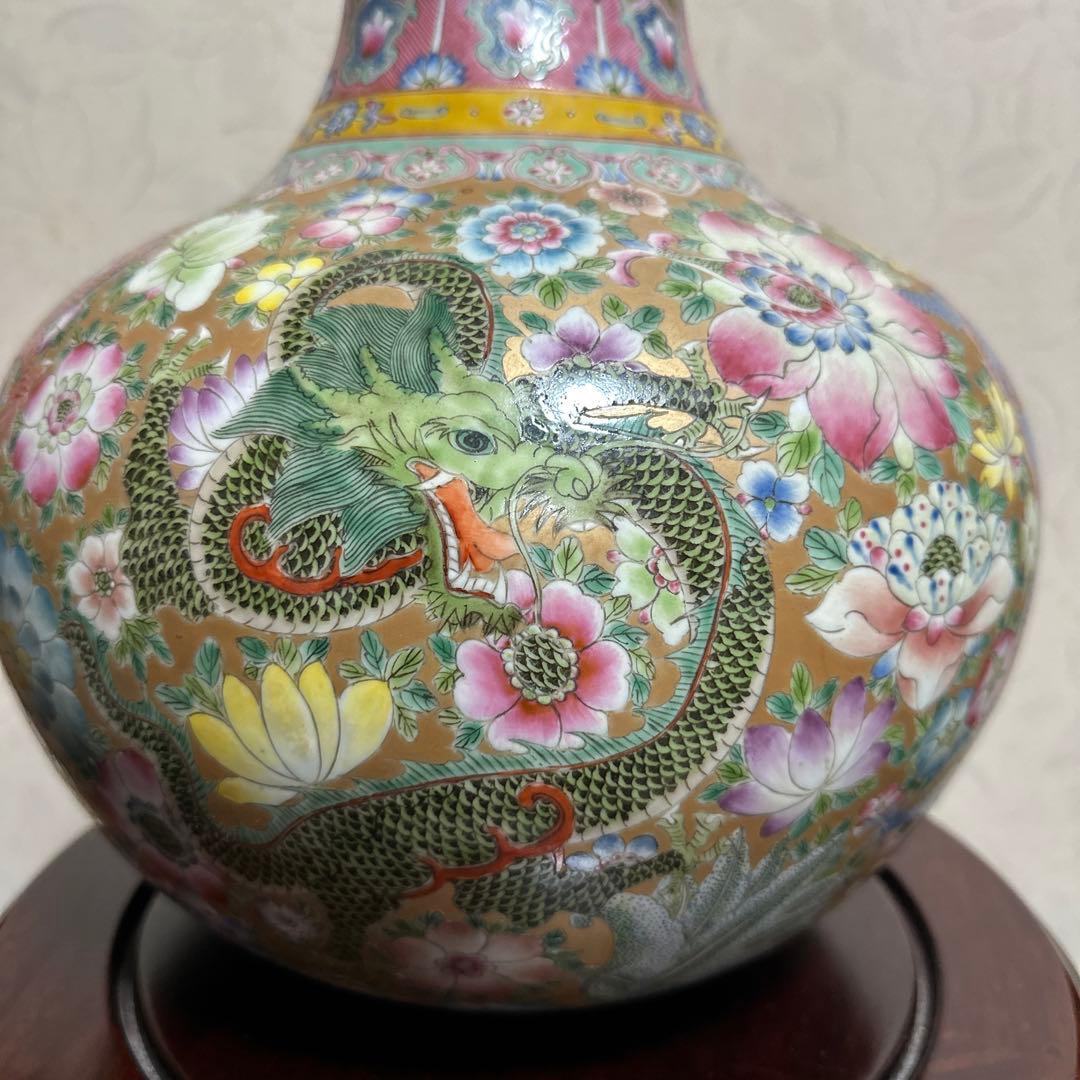 綺麗な花瓶中国色絵龍の図天球瓶高さ約39cm