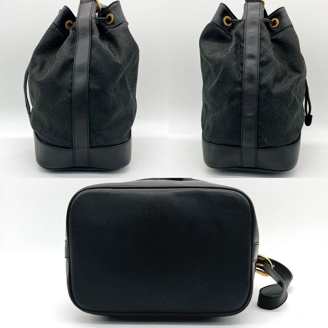 【GUCCI】ショルダーバッグ　GGキャンバス　ゴールド金具　ブラック　巾着型